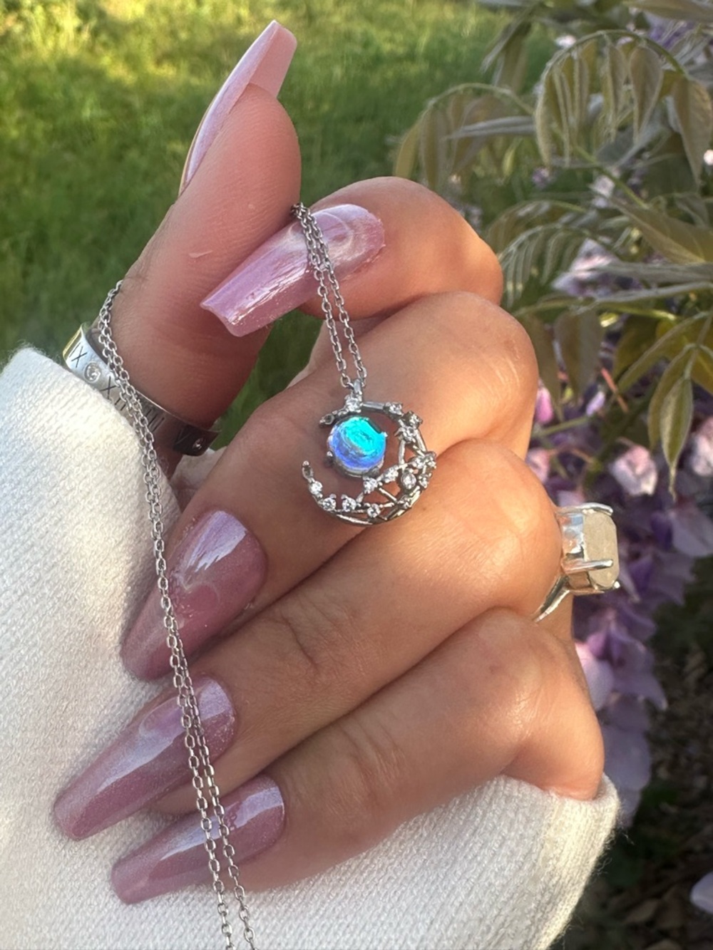 Silver Crescent Moon Necklace with Pink-Blue Opalescent Stone